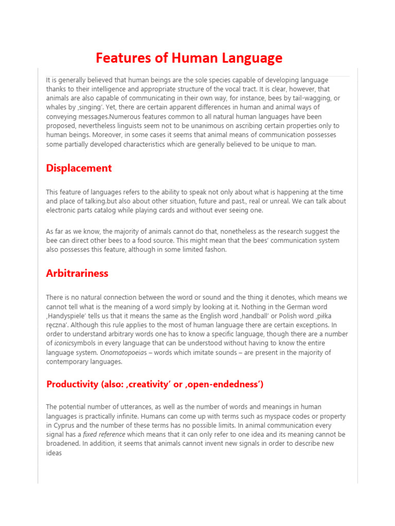Features of Human Language | PDF | Communication | Word