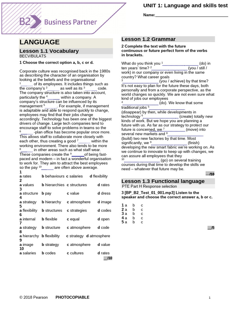 Bp B2 Tests Unit1 Pdf Human Communication