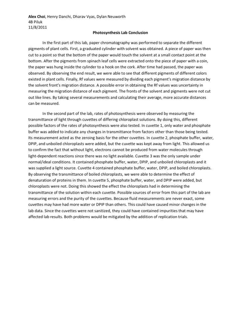 Photosynthesis Lab Conclusion Photosynthesis Earth & Life Sciences