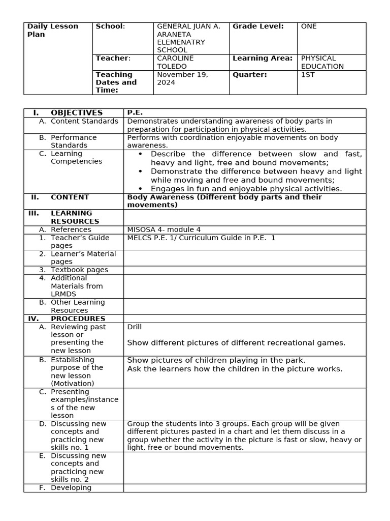 Grade 1 PE Lesson Plan: Body Awareness | PDF | Learning | Physical ...