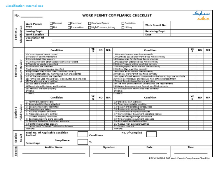 E - PM SHEMS-8.10 T Work Permit Compliance Checklist | PDF | Safety
