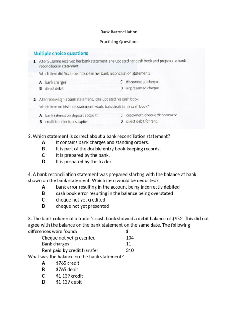Bank Reconciliation Practice Questions | PDF | Banks | Debits And Credits