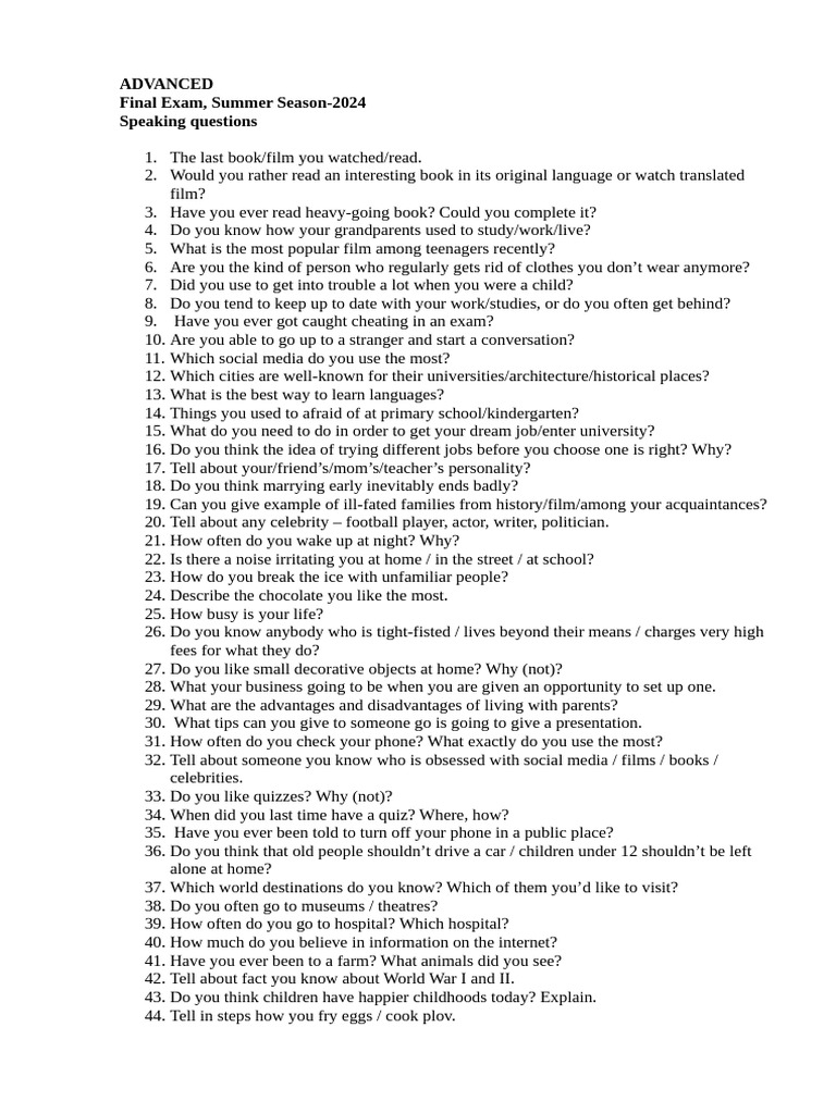 Advanced Speaking Final | PDF