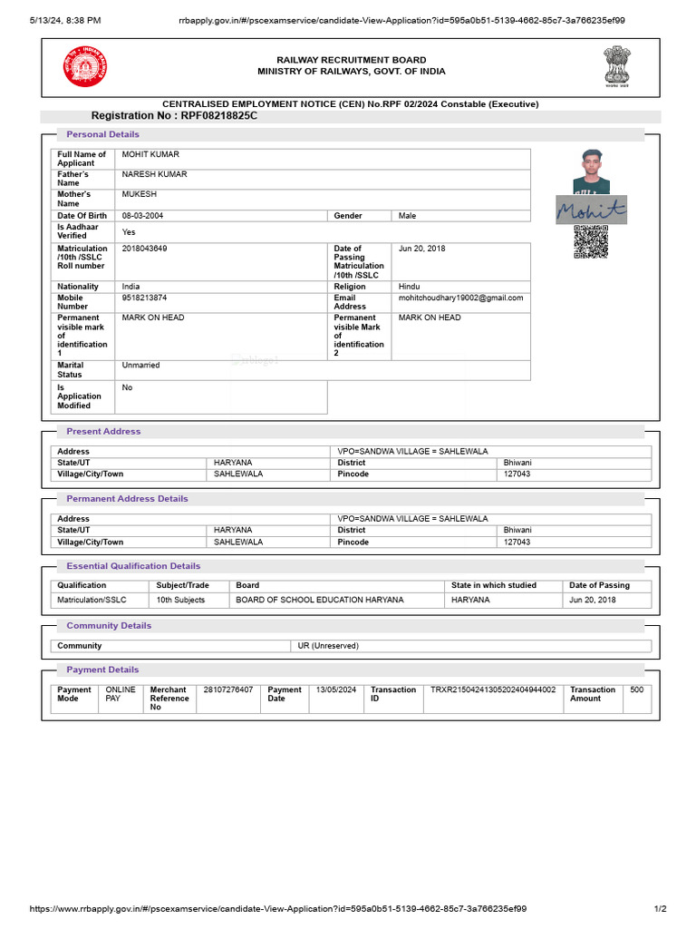 RPF 2024 Constable Application Details | PDF | Justice | Crime & Violence