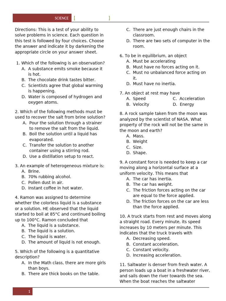 Science Problem Solving Test Questions | PDF | Water | Atmosphere Of Earth