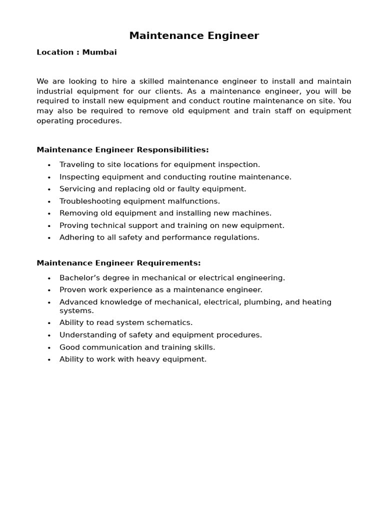 Maintenance Engineer Job in Mumbai | PDF