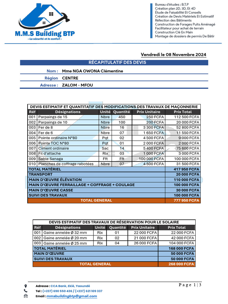Devis détaillé pour travaux BTP | PDF | Ingénierie des structures ...