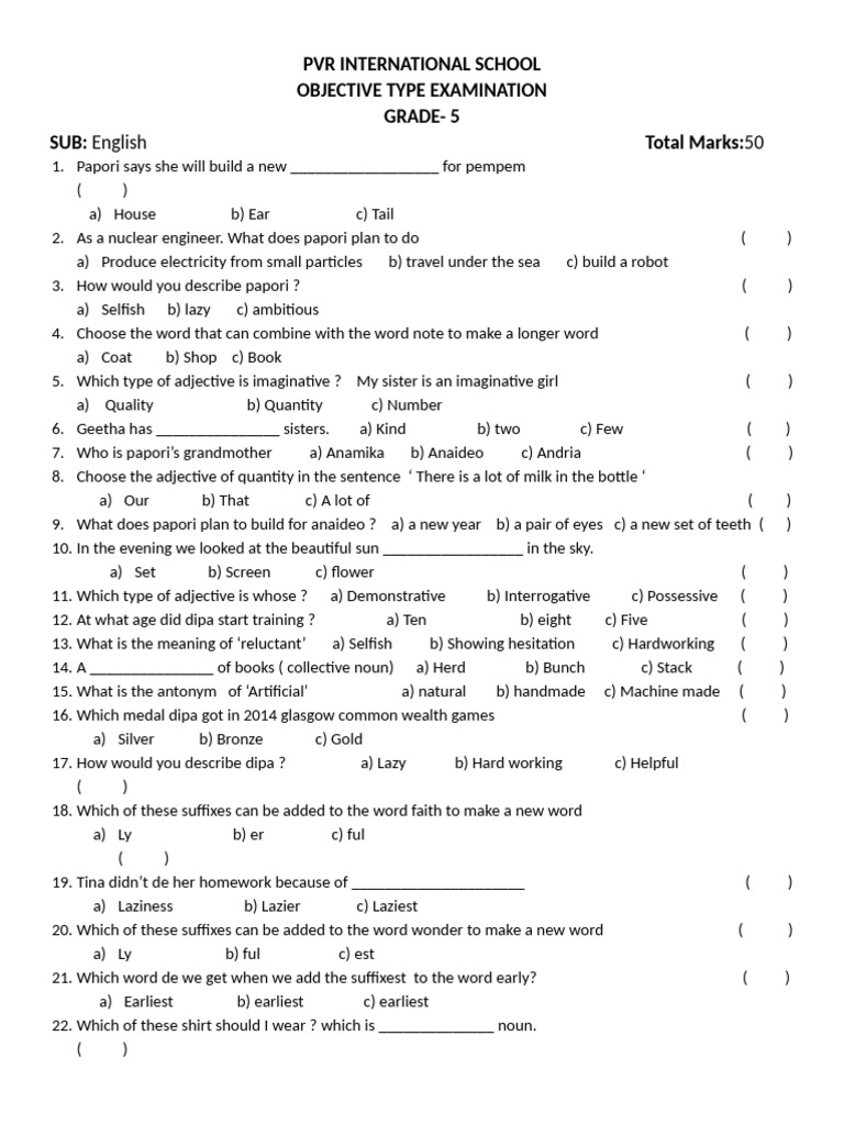 5 TH Class English Objective | PDF | Languages | Foreign Language Studies