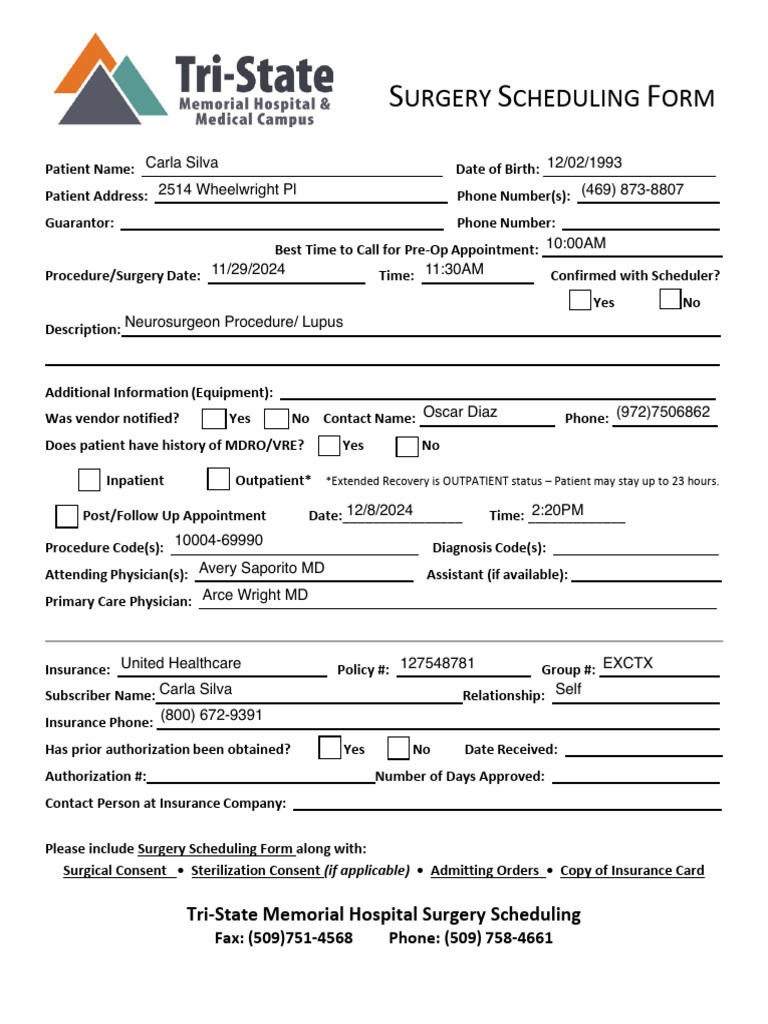 Surgery Scheduling Form PDF