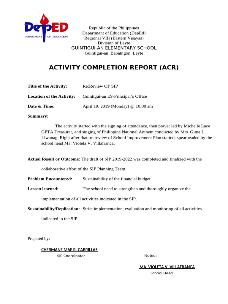 ACR: Review of School Improvement Plan | PDF | Cognition | Learning