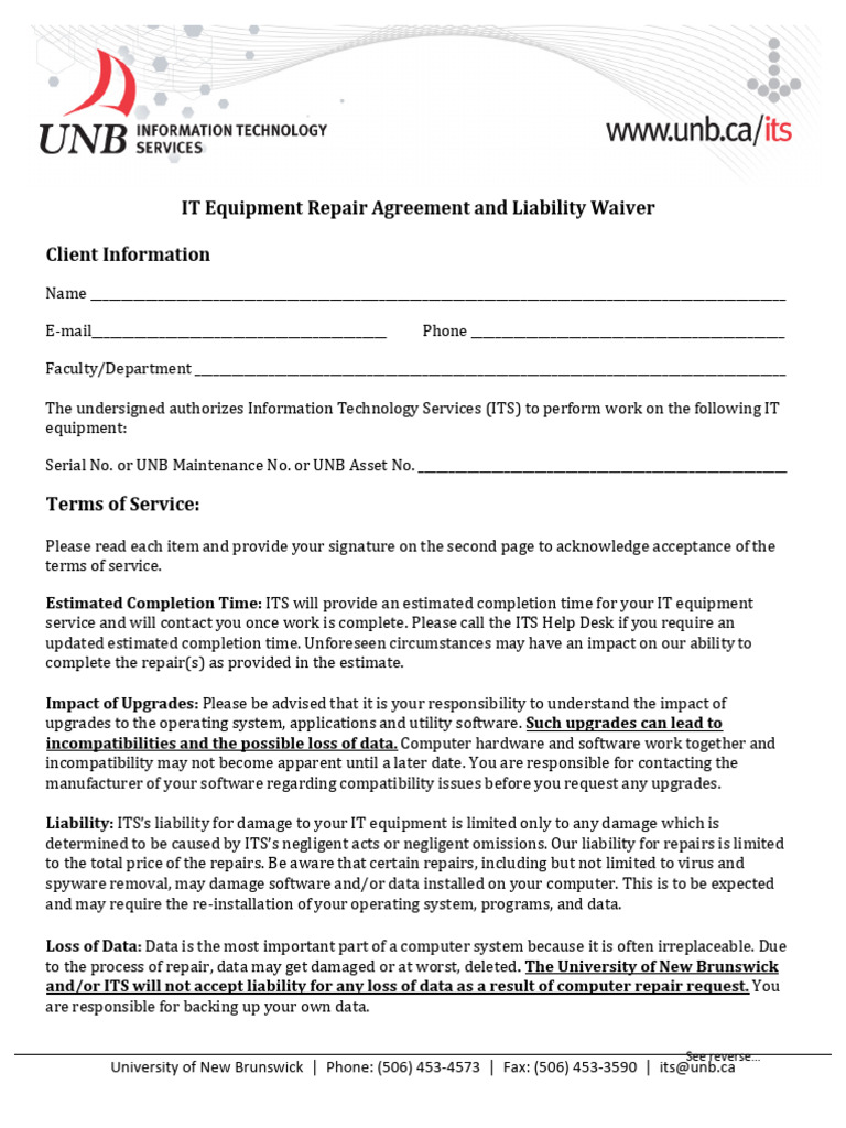 IT Equipment Repair Agreement UNB | PDF | Legal Liability | Computing