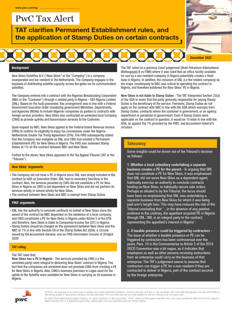 PwC Tax Alert: Permanent Establishment Insights | PDF | Taxes | Nigeria