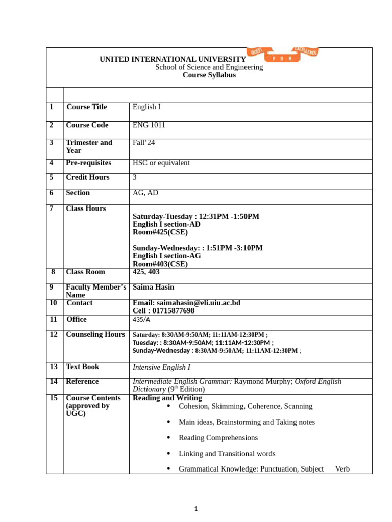 Course Syllabus English I | PDF | English Language | Linguistics
