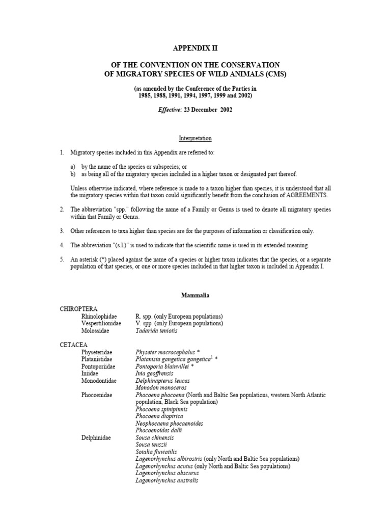 APPENDIX II of The Convention On The Conservation of Migrato | PDF | Birds