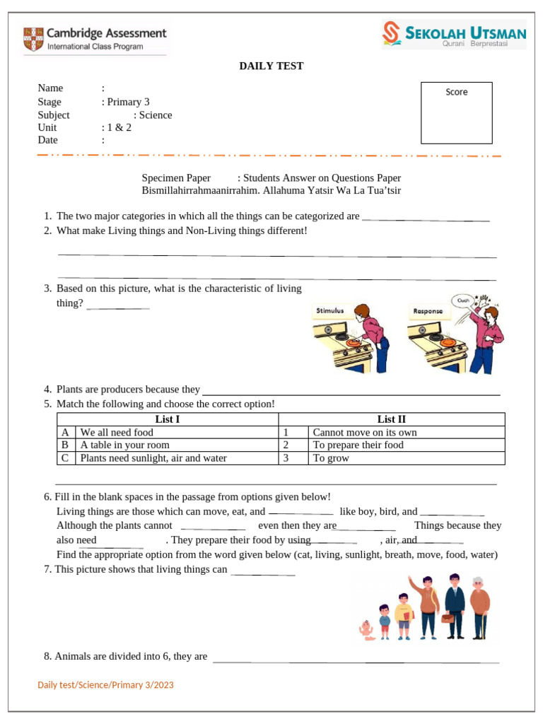G3 Daily Test Science 1-2 | PDF
