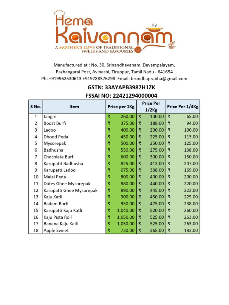 Tamil Nadu Sweet Price List | PDF | Cuisine | Snack Food