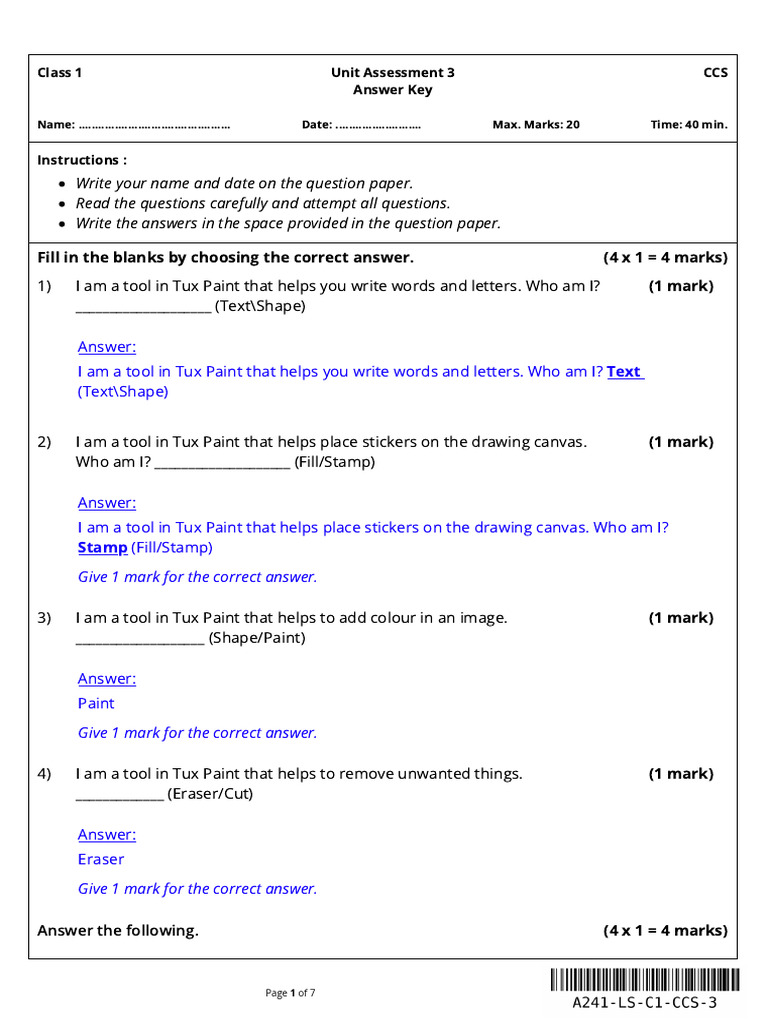 Class 1 Tux Paint Answer Key | PDF