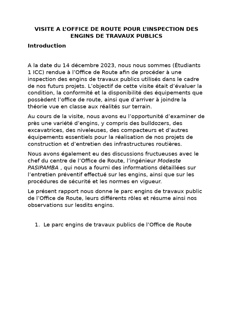 Rapport d'inspection des engins TP | PDF