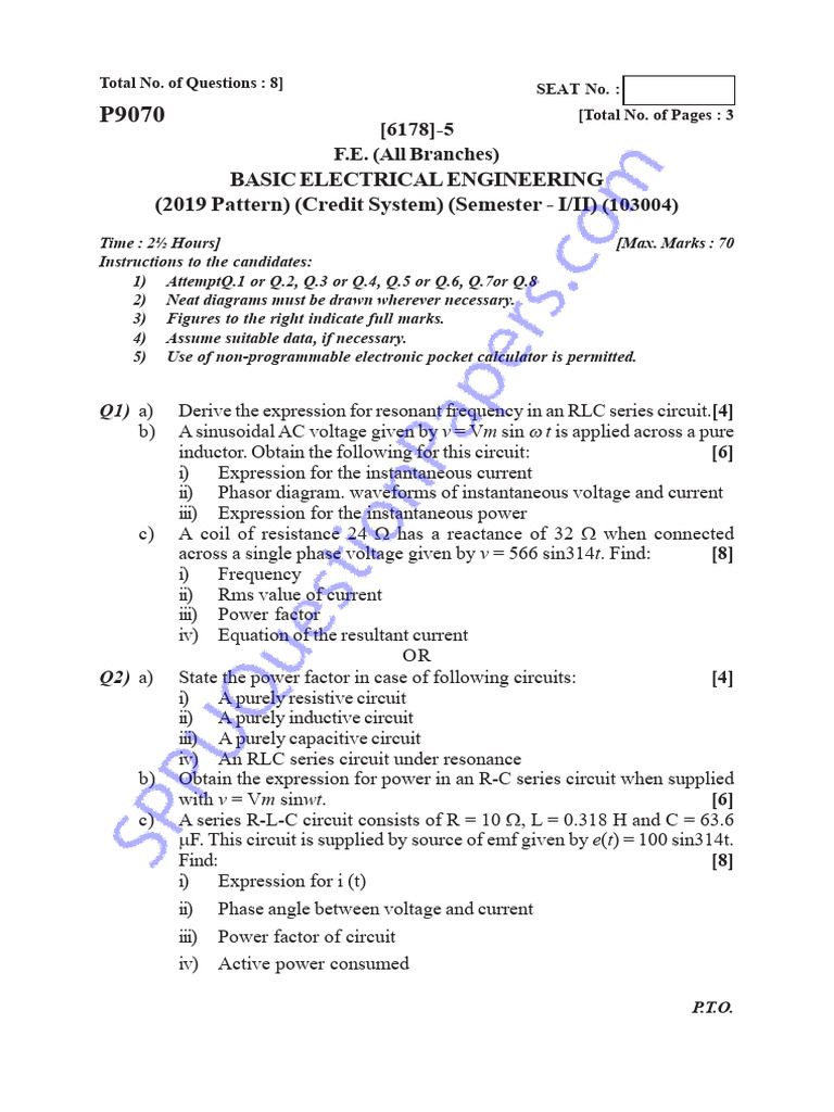 BEE End Sem Question Paper | PDF | Electrical Impedance | Transformer