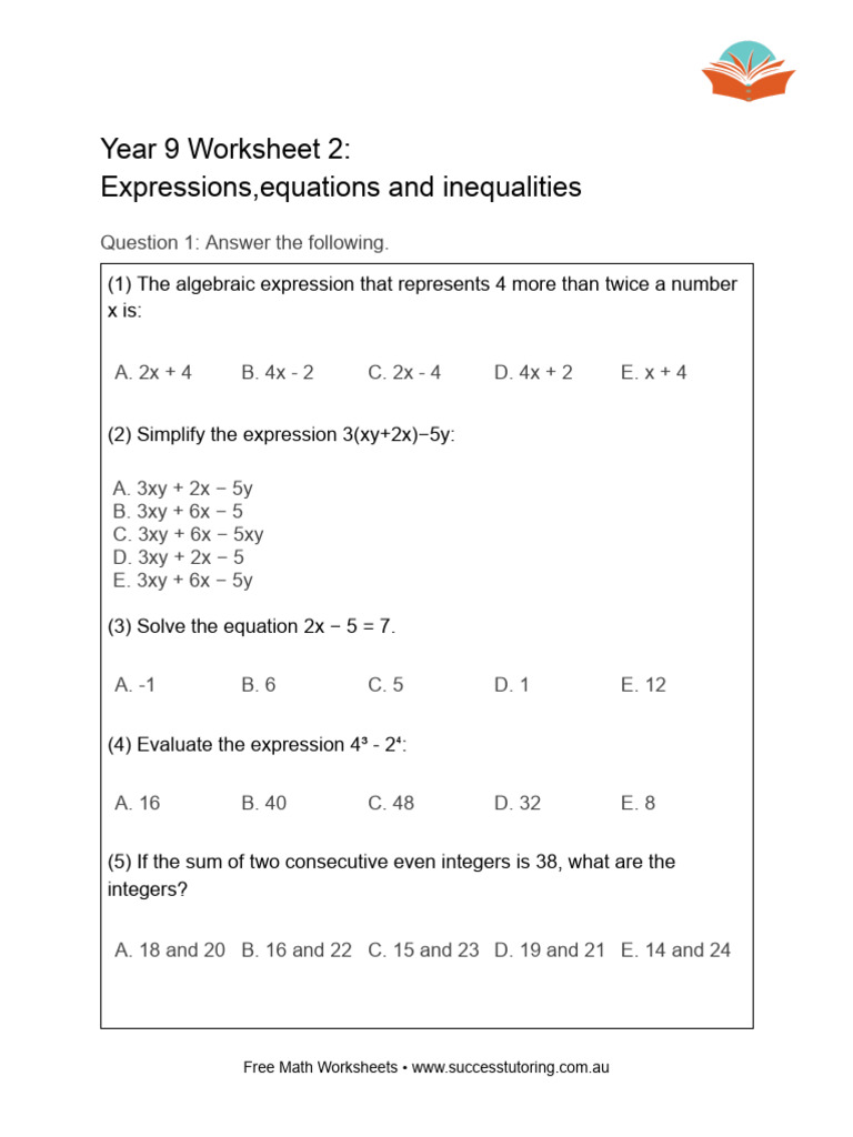 Year 9 Expressions and Equations Worksheet | PDF | Equations | Mathematical Objects