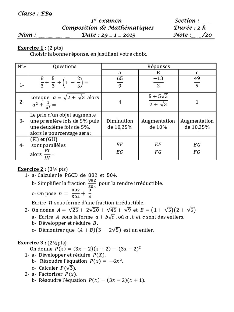 Examen de Mathématiques EB9 | PDF | Cercle | Triangle