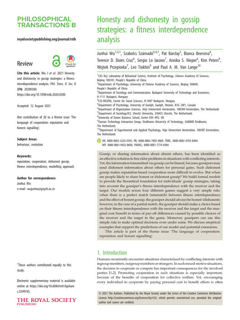 Wu Et Al 2021 Honesty and Dishonesty in Gossip Strategies A Fitness ...