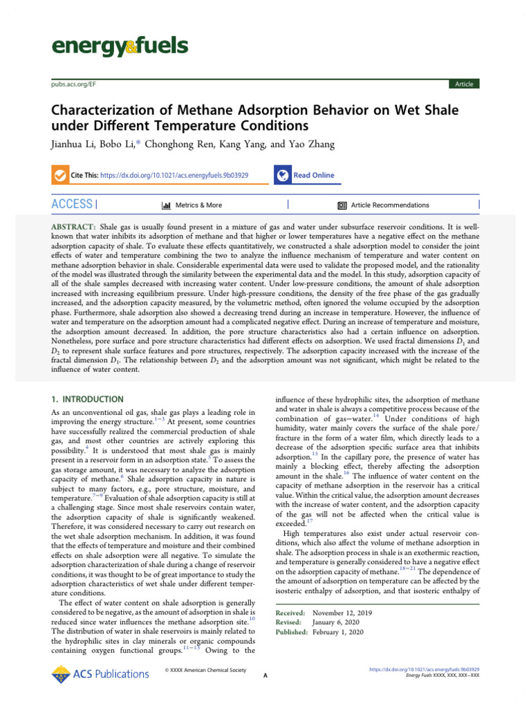 Characterization of Methane Adsorption Behavior On Wet Shale Under ...