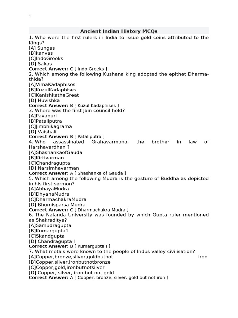 Ancient Indian History MCQs with Answers | PDF | Social Science | History