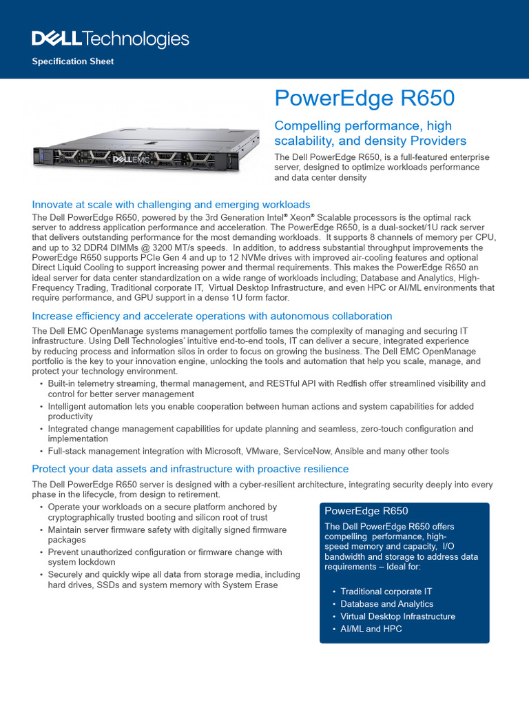 Dell PowerEdge R650 Specifications Guide | PDF | Solid State Drive ...