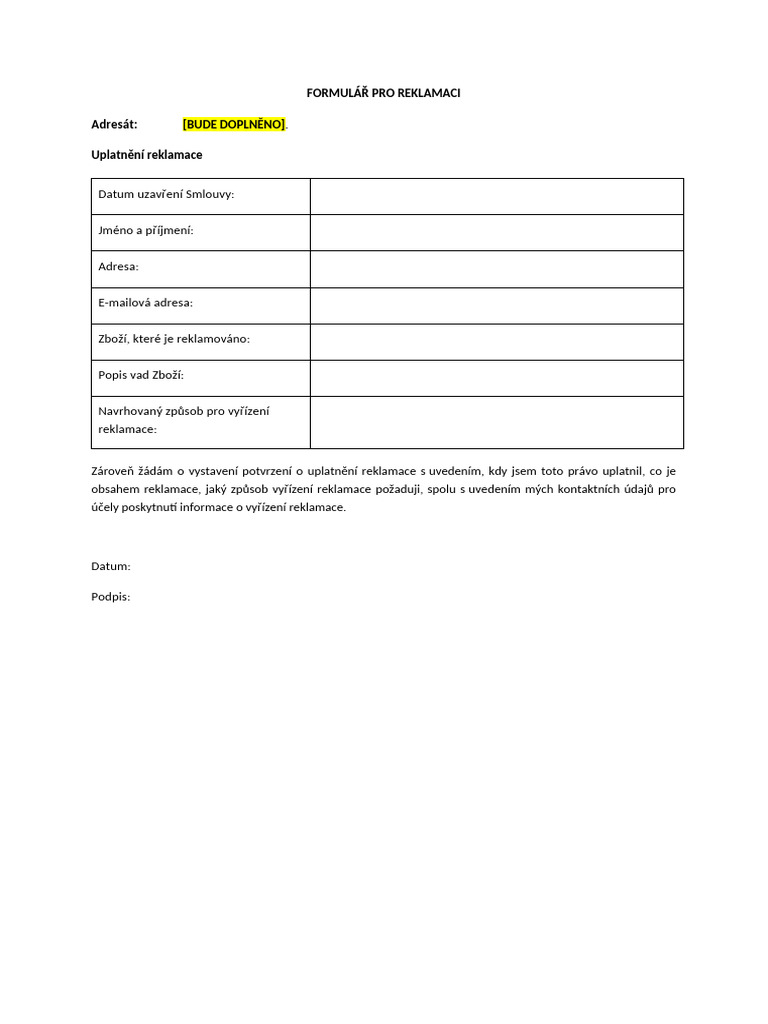 Vzorovyformular Pro Uplatneni Reklamace | PDF