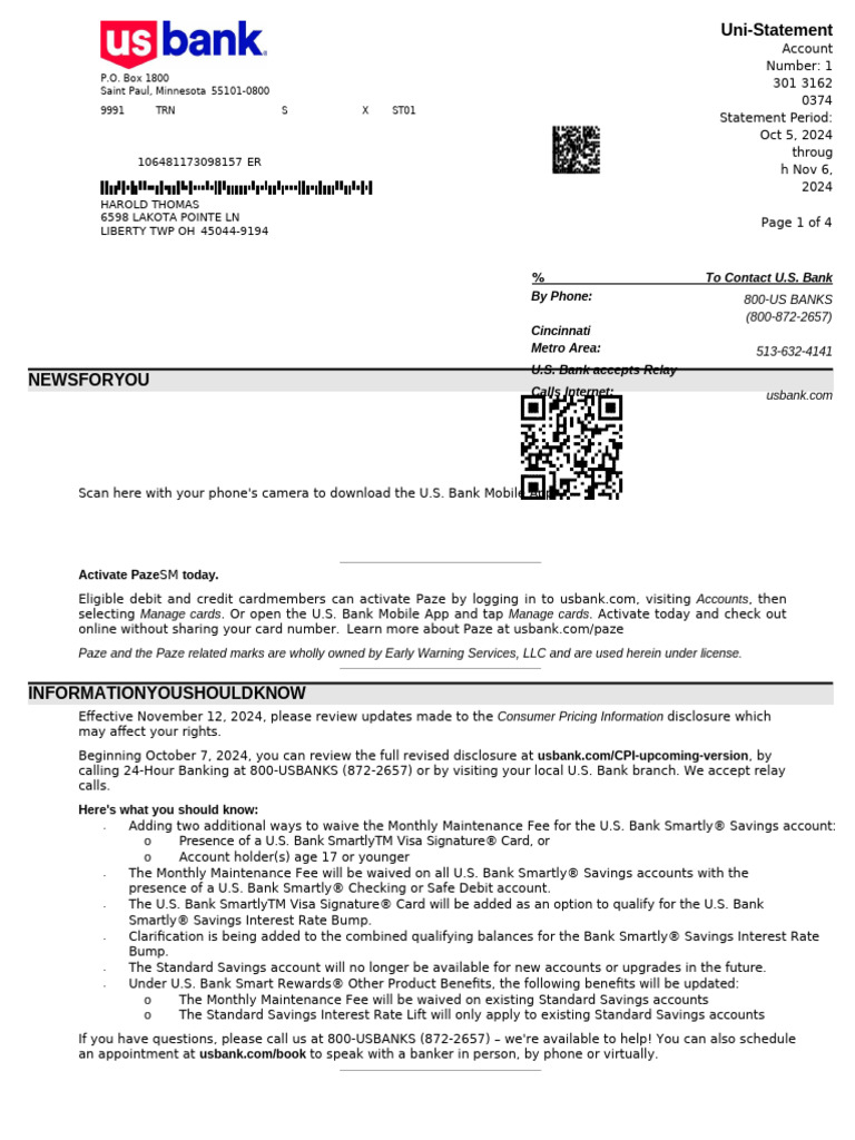 2024-11-06 Statement - USB Checking 0374 | PDF | Cheque | Interest