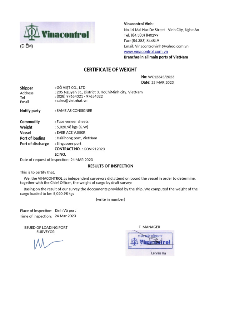 ND - Mẫu Certificate of weight | PDF