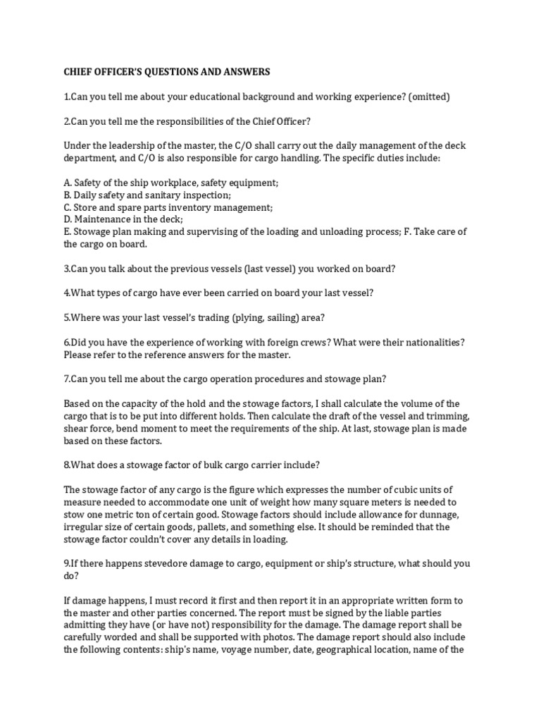 Chief Officer Interview Pdf Ships Anchor