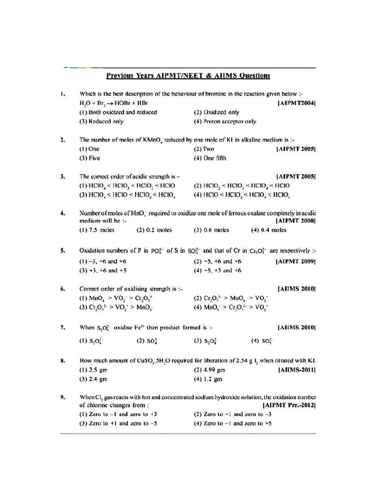 Redox Reaction All Pyqs Pdf