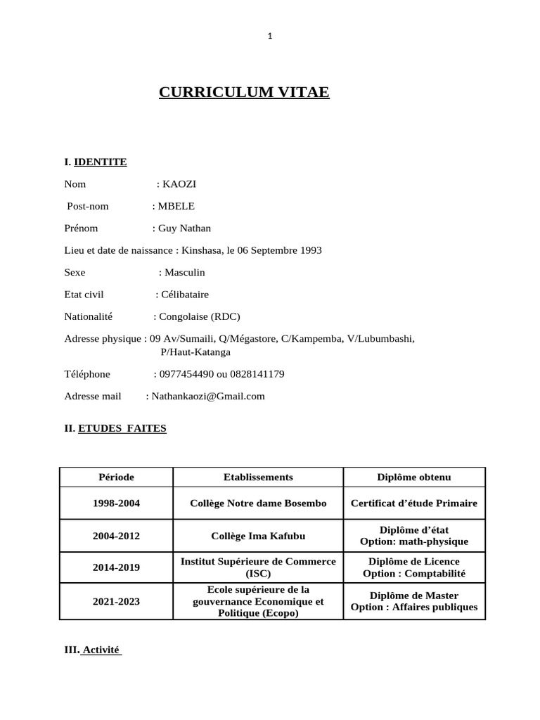 CV de Guy Nathan Kaozi | PDF