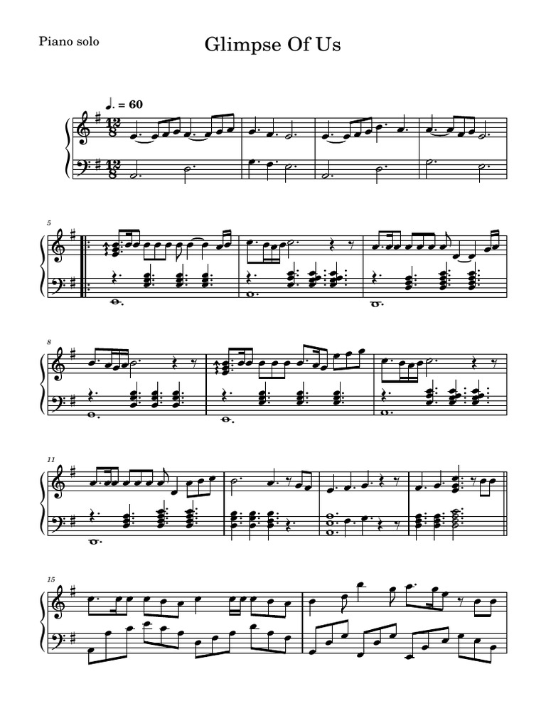 Glimpse Of Us Piano Solo Sheet Music PDF