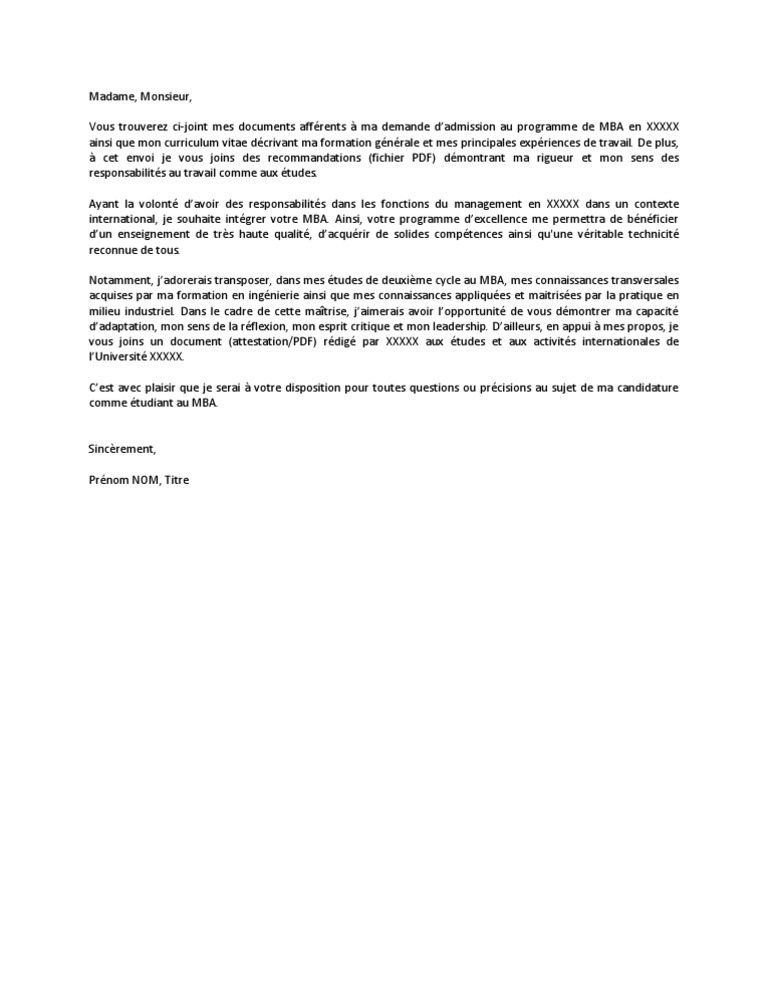 Exemple Lettre Motivation MBA  PDF  Maîtrise en administration des