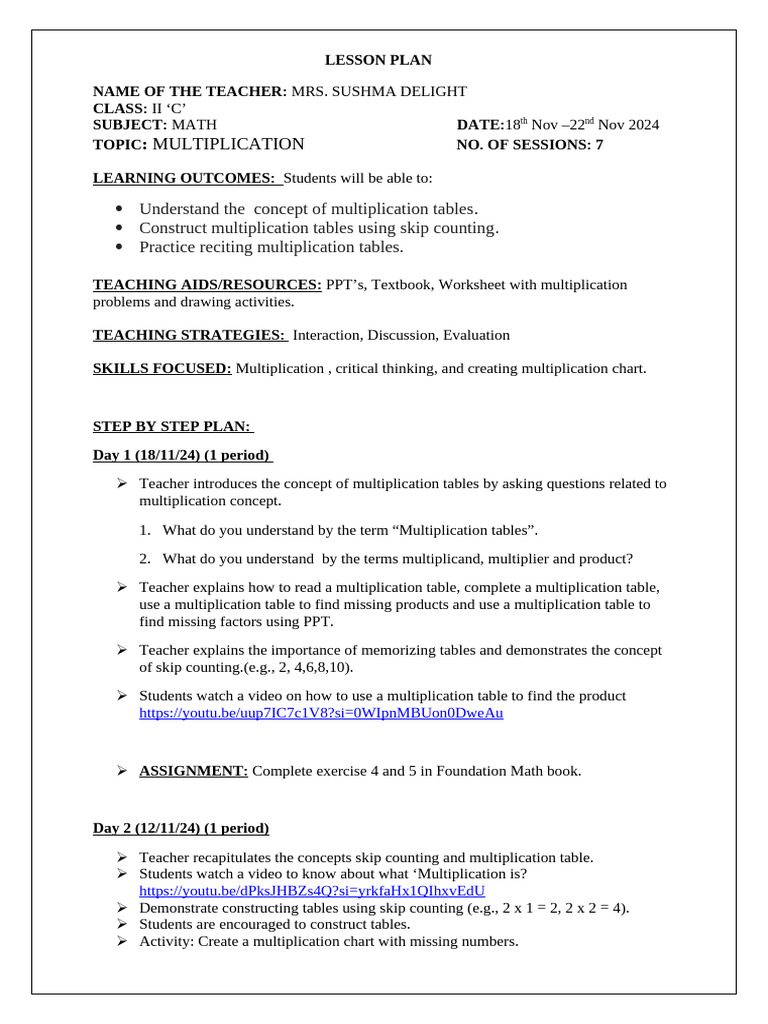 Grade 2 Math Multiplication Lesson Plan | PDF | Multiplication | Teachers