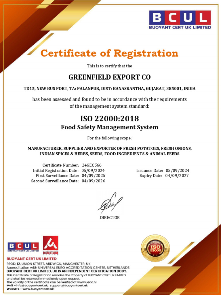 Iso 22000 Greenfield Export Co | PDF