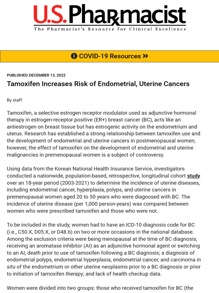Tamoxifen Increases Risk of Endometrial, Uterine Cancers | PDF ...