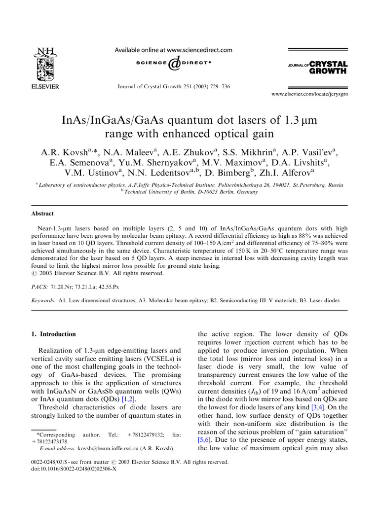 InAs InGaAs GaAs Quantum Dot Lasers of 1 | PDF | Laser | Laser Diode