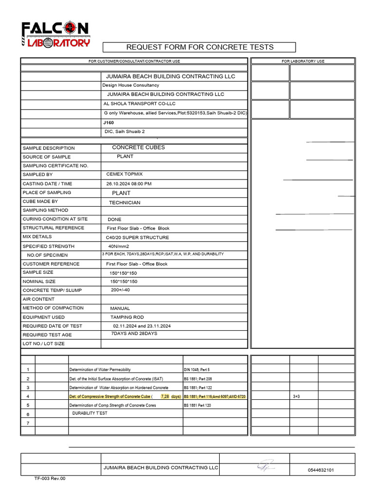 Concrete Testing Request Form | PDF | Concrete | Composite Material