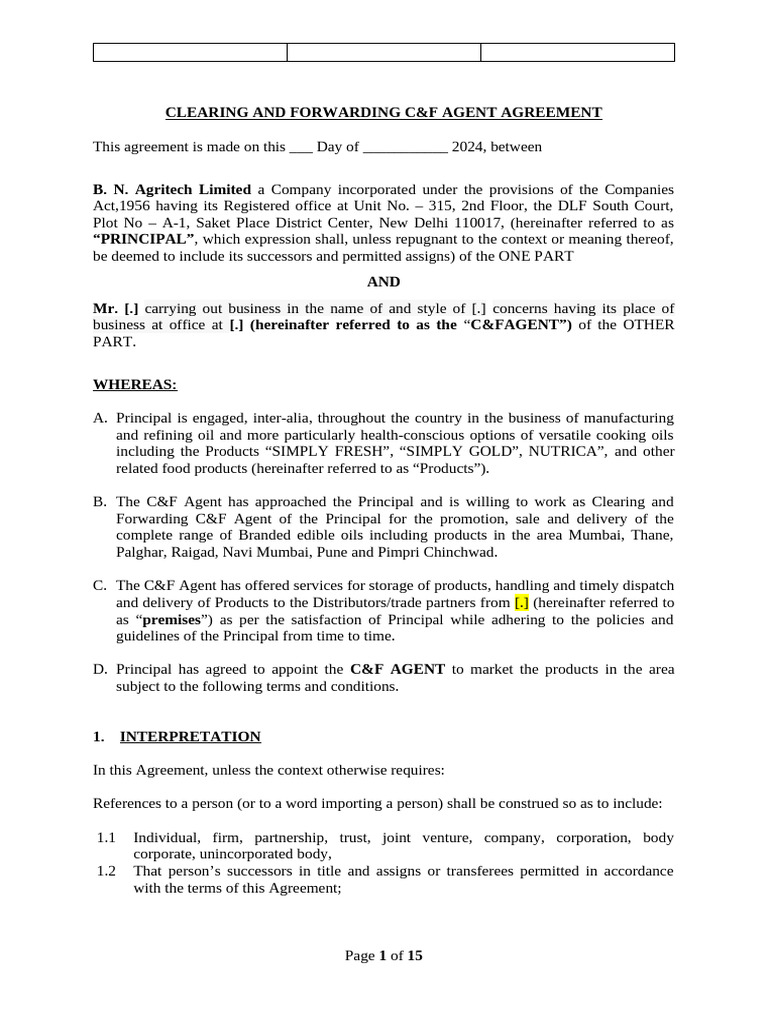 C&F Agent Agreement with B.N. Agritech | PDF | Indemnity | Employment