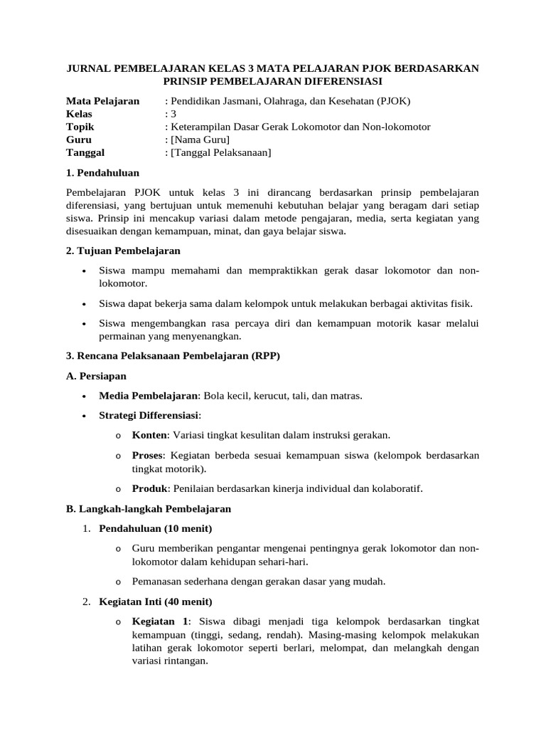 Jurnal Pembelajaran PJOK Kelas 3 | PDF | Karier & Perkembangan