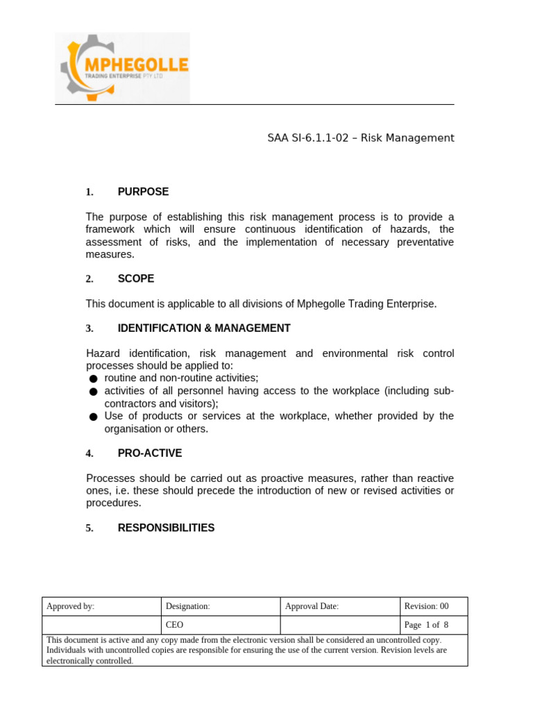 Risk Management Framework for Mphegolle | PDF | Risk | Risk Management