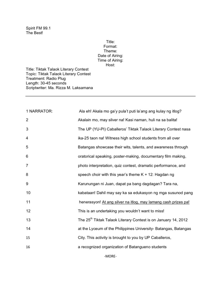 Tiktak Talaok Radio Plug Script | PDF