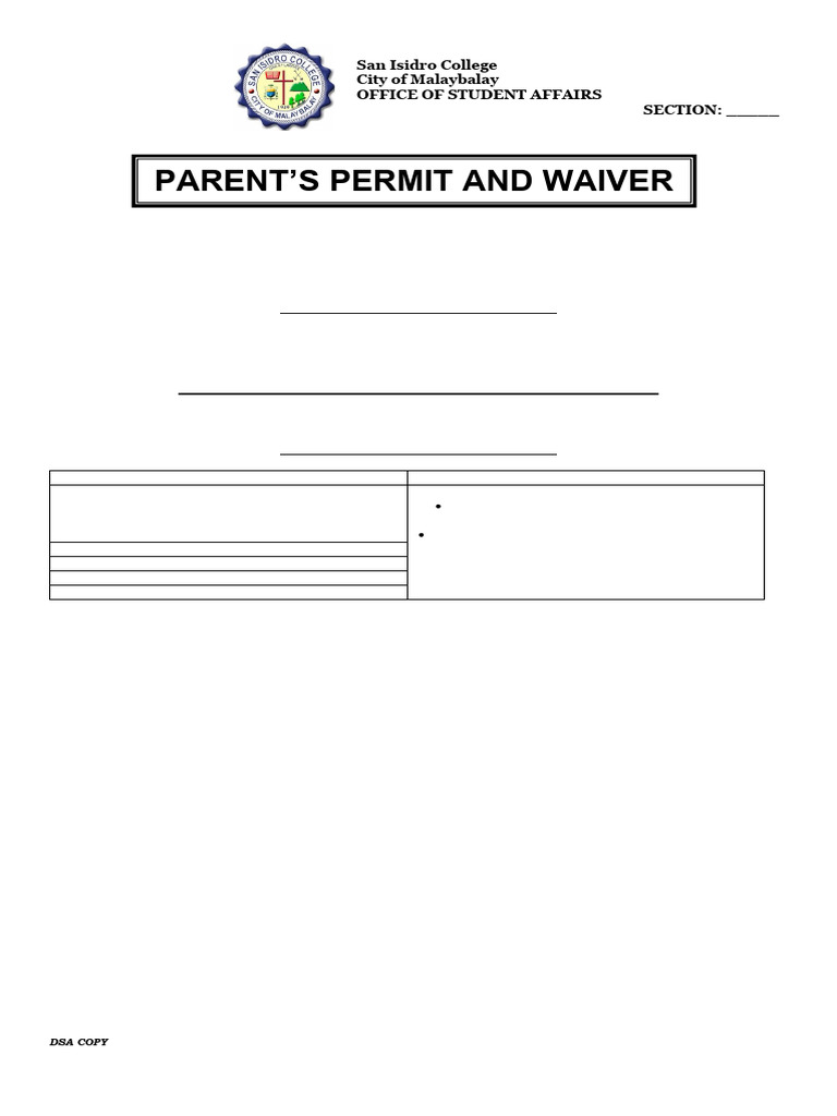 Dsa Form 12 Parents Consent and Waiver | PDF | Civil Law (Common Law ...