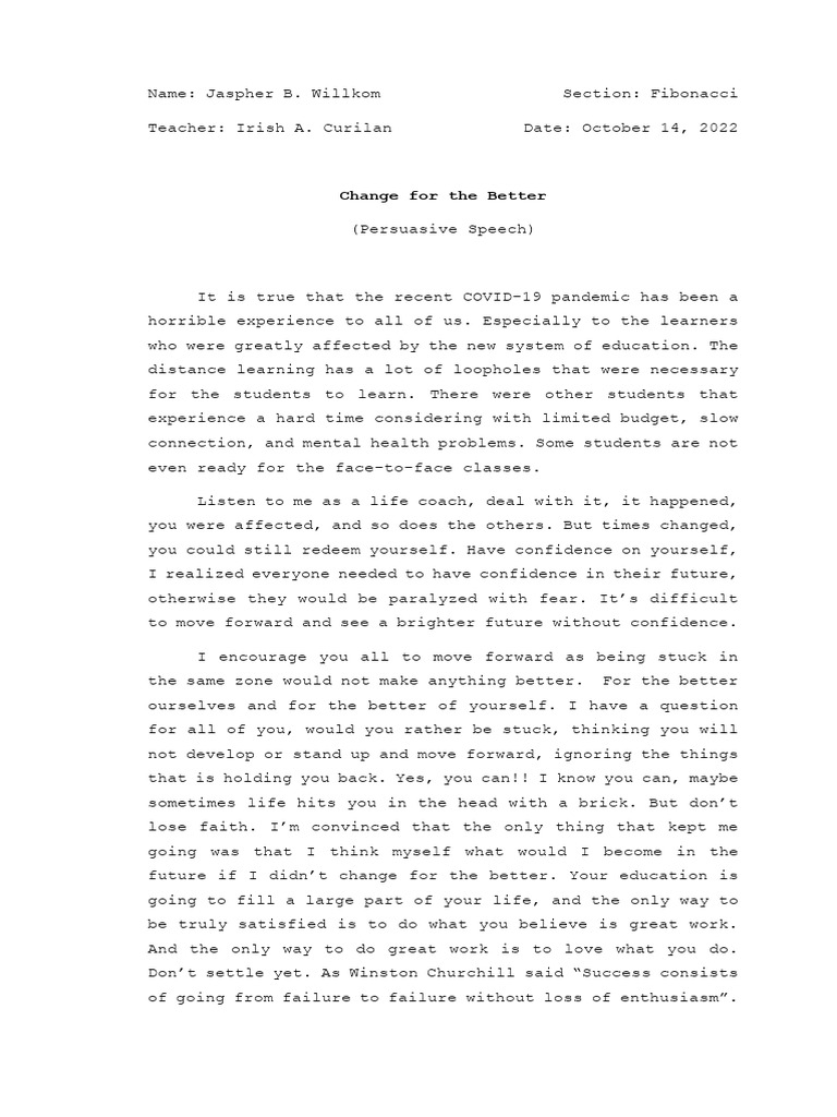 Persuasive Memorized Speech Pdf