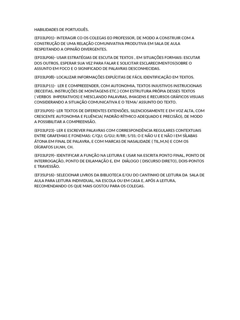 Habilidades de Português - 3º Ano BNCC | PDF | Carreira e Crescimento ...