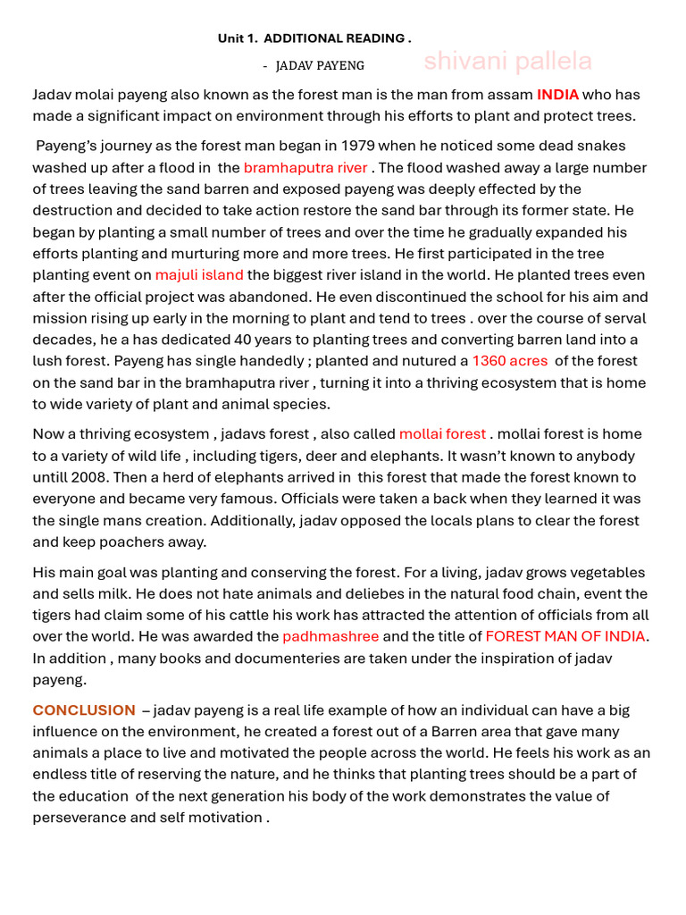 Jadav Payeng: The Forest Man's Legacy | PDF | Environmental ...